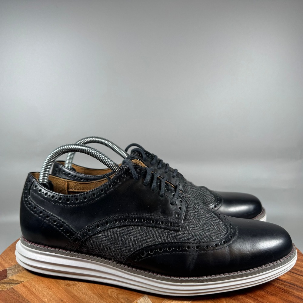 Cole Haan Grand OS Mens 8.5 M Black Leather Grey Herringbone Wingtip C21687